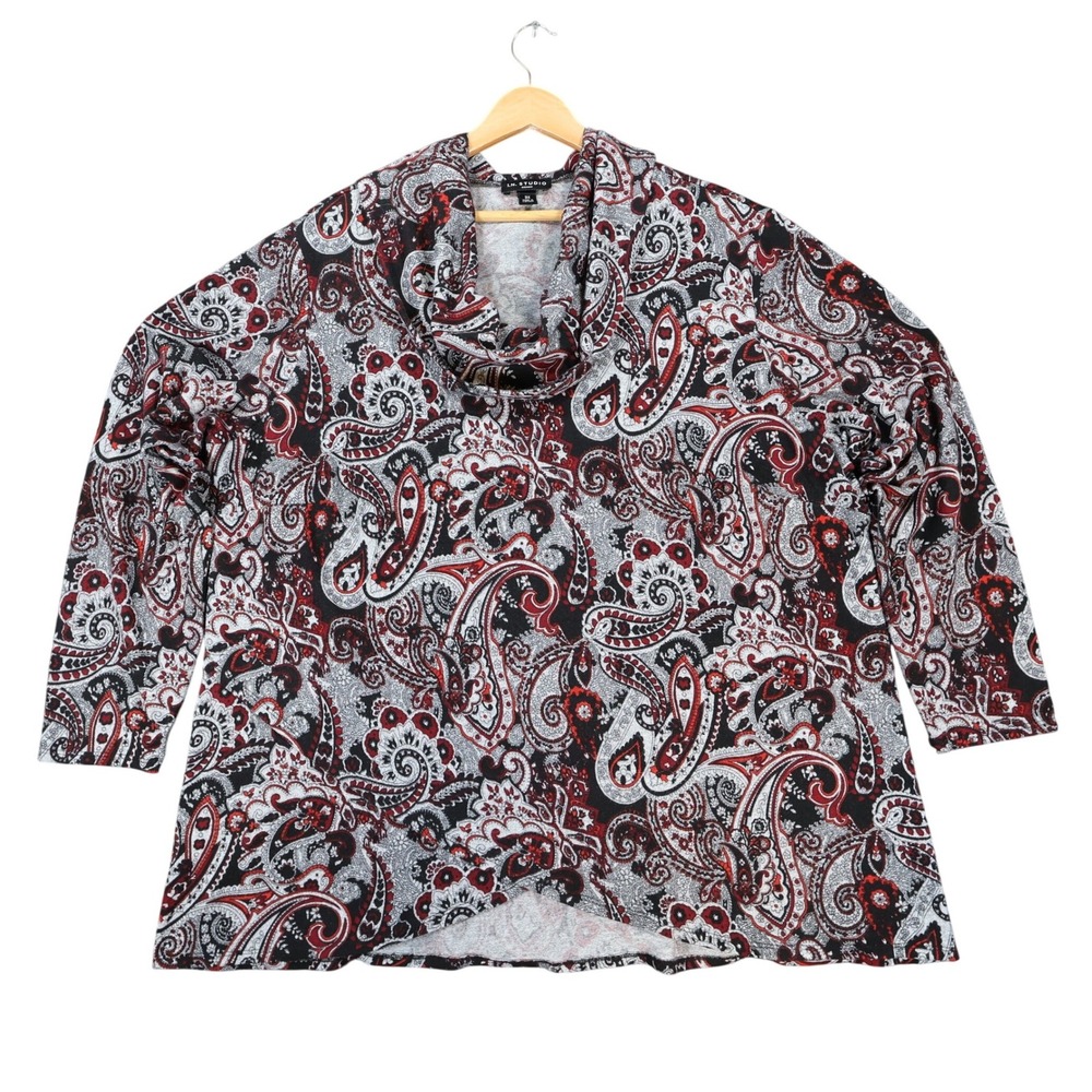 I.N. Studio Cowl Neck Top Women 3X Black Red Paisley Polyester Stretch Tunic